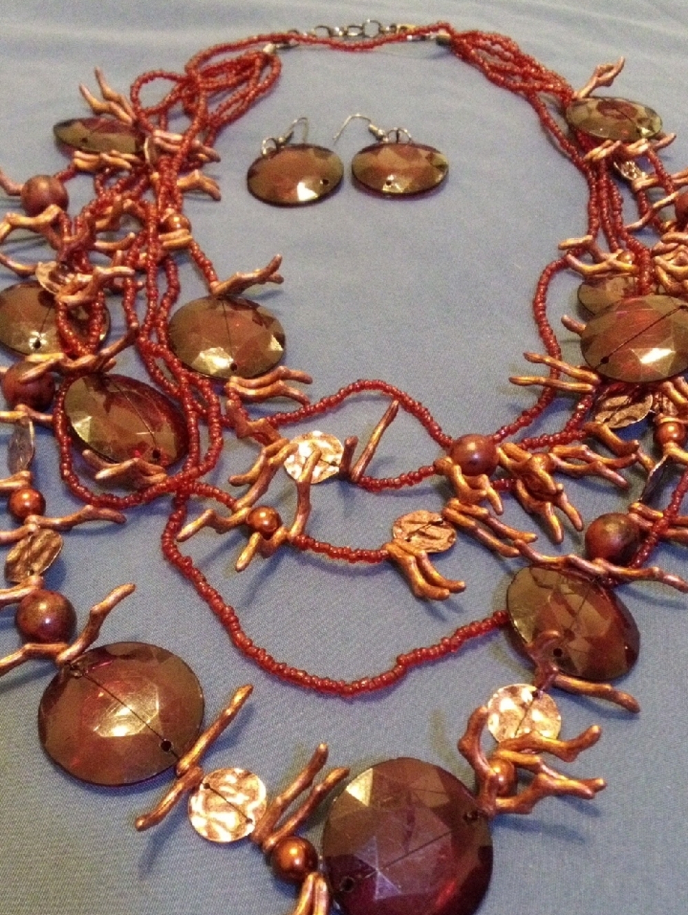 Multistrand Red-Purple Beaded Statement Necklace with Matching Earrings